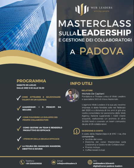 Masterclass sulla leadership e gestione dei collaboratori a Padova